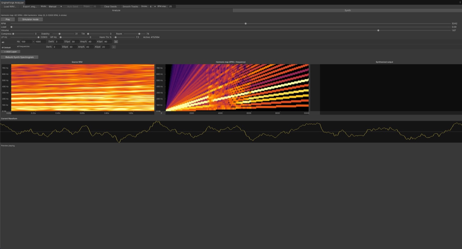 The Synth tab: source spectrogram, harmonic map and synthesized output side by side
